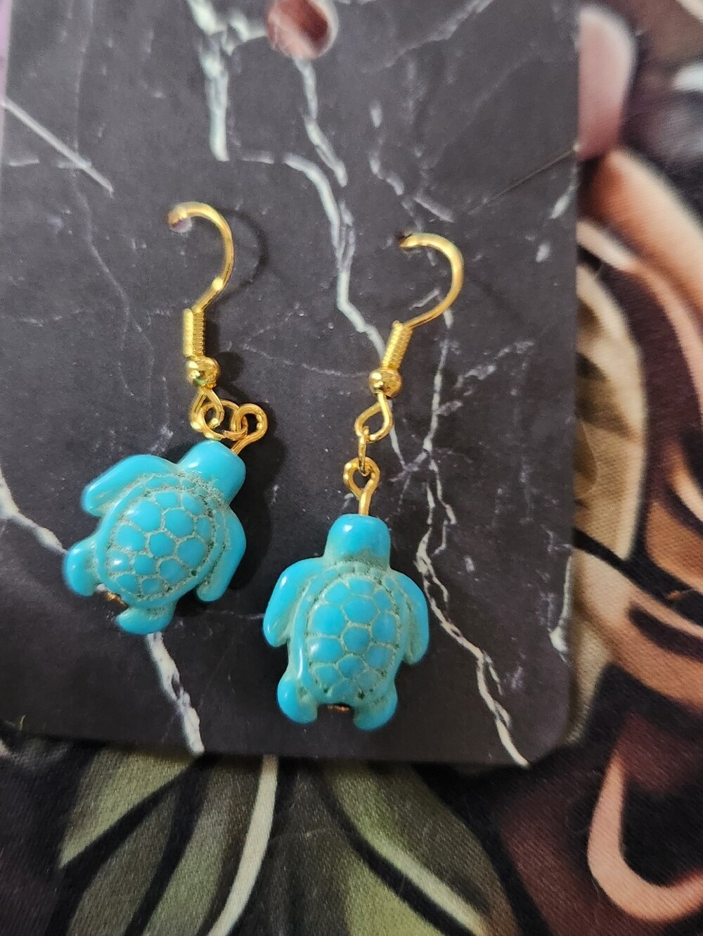 Turquoise Resin Turtle Danggle Earrings On 24kt Gold Plate On Stainless Steel